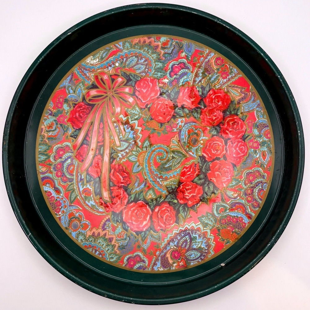 Vtg Tin Serving Tray Roses Paisley Heart Wreath Cottagecore Grandmillennial 13in
